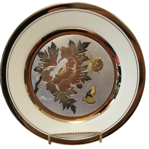 VTG CHOKIN Plate #6878 Signed YOSHINOBU HARA Floral 24K Etched Japan 1983 - Picture 1 of 3